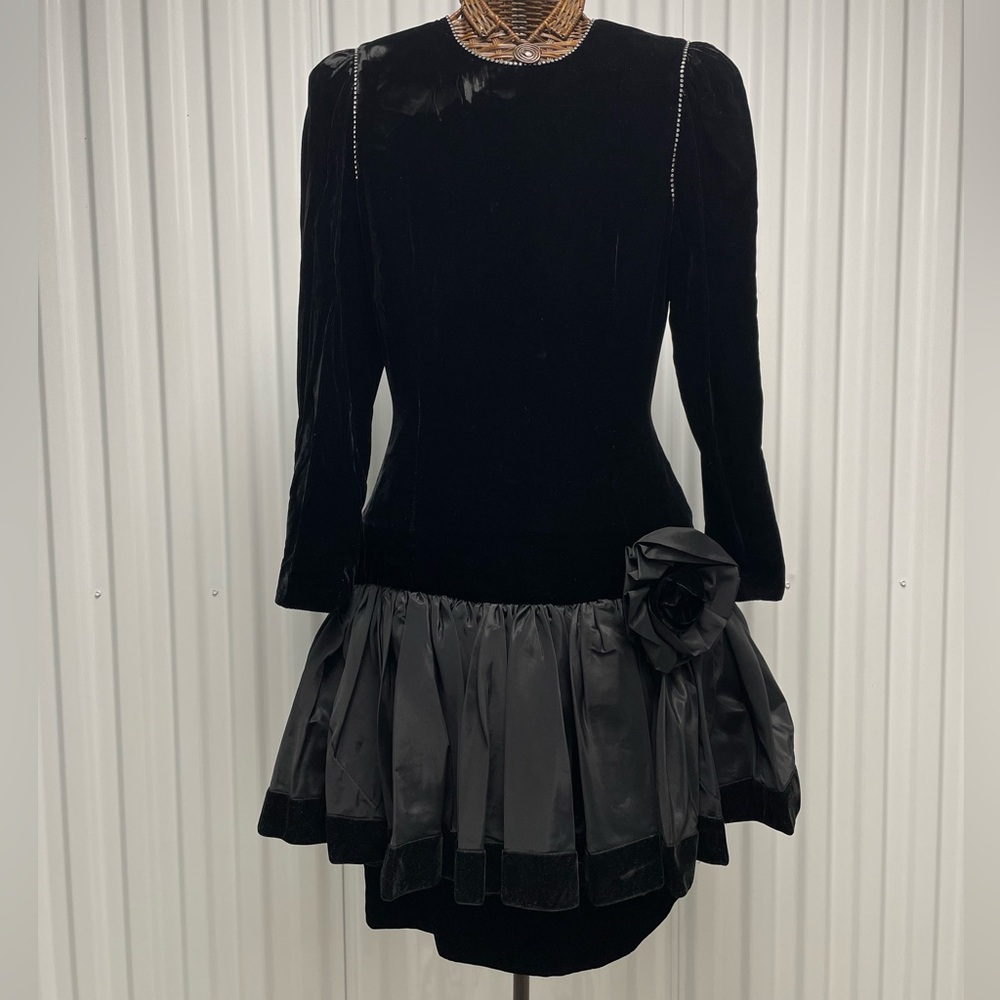 Julie Duroche for After Five Vintage 1980's Black Velvet Sleeve Cocktail Dress